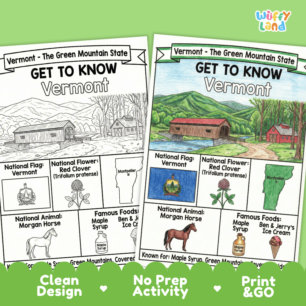 Vermont State Geography Coloring Poster and Activity Worksheet