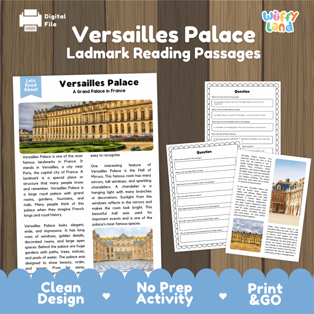 Versailles Palace Landmark Reading Passages and Comprehension Worksheets