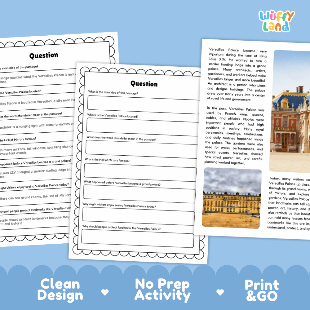 Versailles Palace Landmark Reading Passages and Comprehension Worksheets