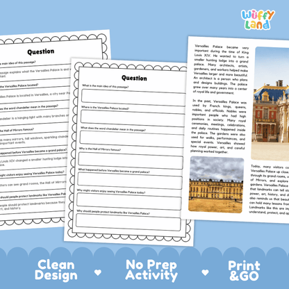 Versailles Palace Landmark Reading Passages and Comprehension Worksheets