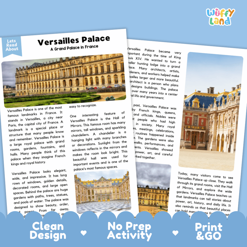 Versailles Palace Landmark Reading Passages and Comprehension Worksheets