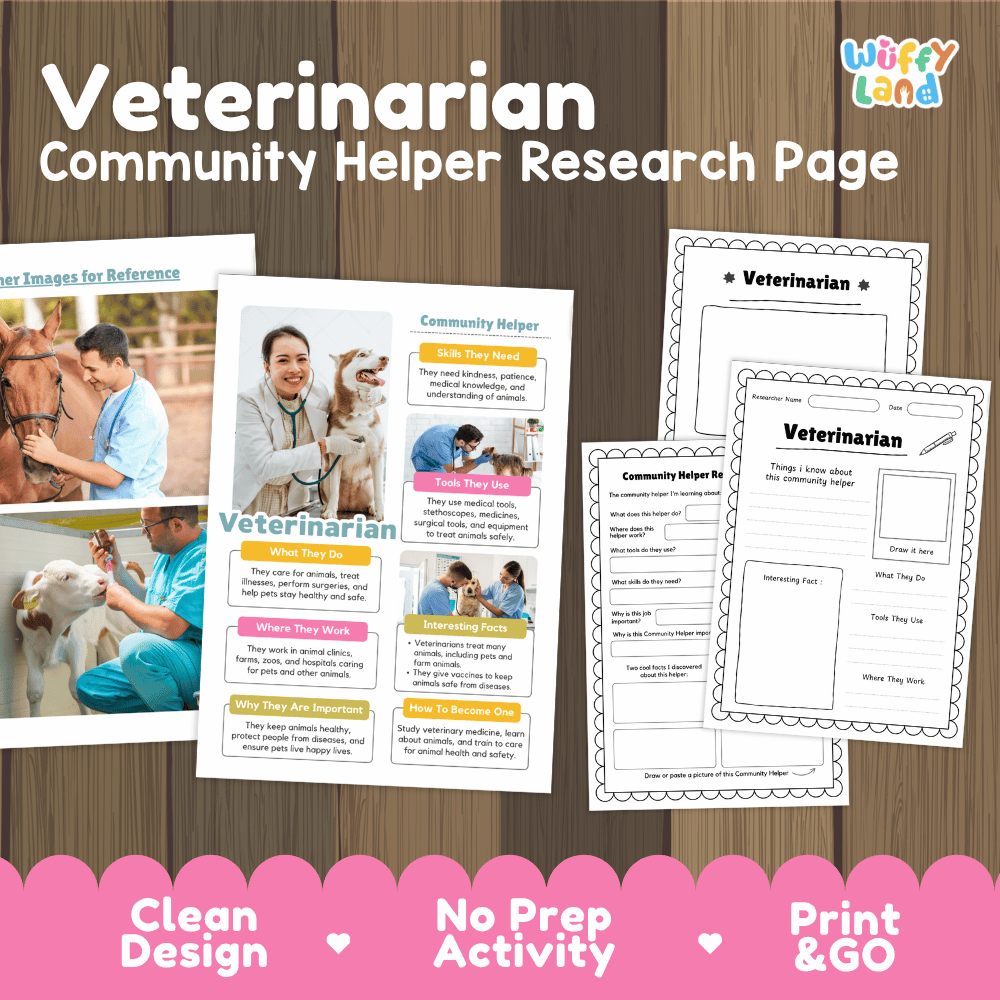 Veterinarian community helper research page writing worksheets pack featuring real photos and student activity pages for elementary social studies