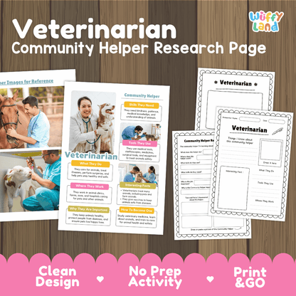 Veterinarian community helper research page writing worksheets pack featuring real photos and student activity pages for elementary social studies
