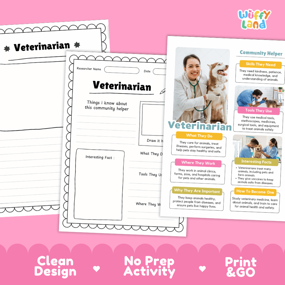 Educational reference poster with real photography showing veterinarian duties, medical tools, animal clinic workplace, and interesting facts