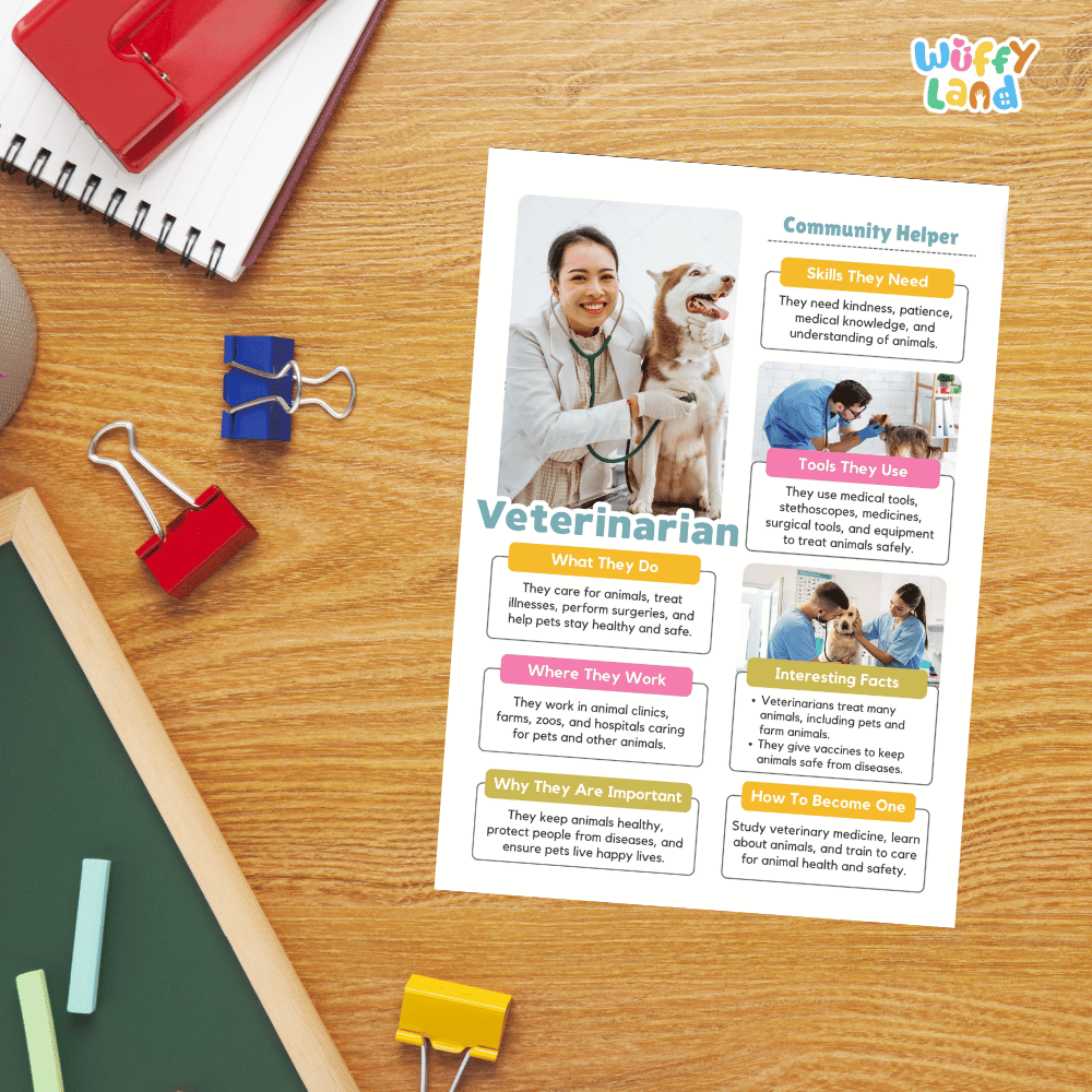 Guided student writing worksheets with lined sections for recording facts and a dedicated box for drawing or pasting a picture of a veterinarian