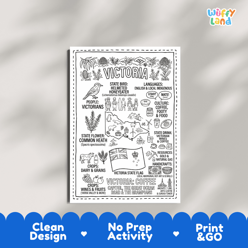 Educational activity coloring page highlighting Victoria Helmeted Honeyeater bird, Common Heath flower, and fairy penguin
