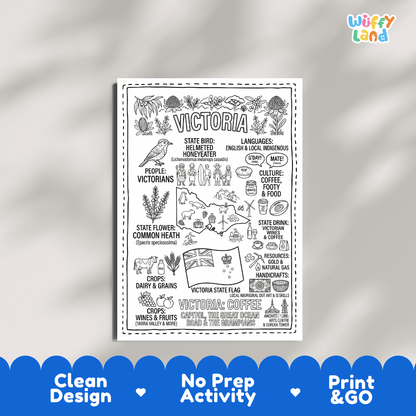 Educational activity coloring page highlighting Victoria Helmeted Honeyeater bird, Common Heath flower, and fairy penguin