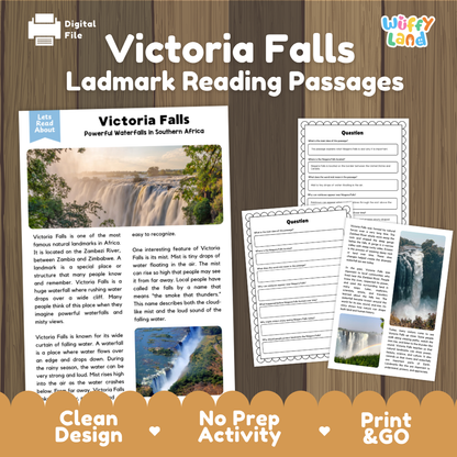 Victoria Falls Landmark Reading Passages and Comprehension Questions Worksheets
