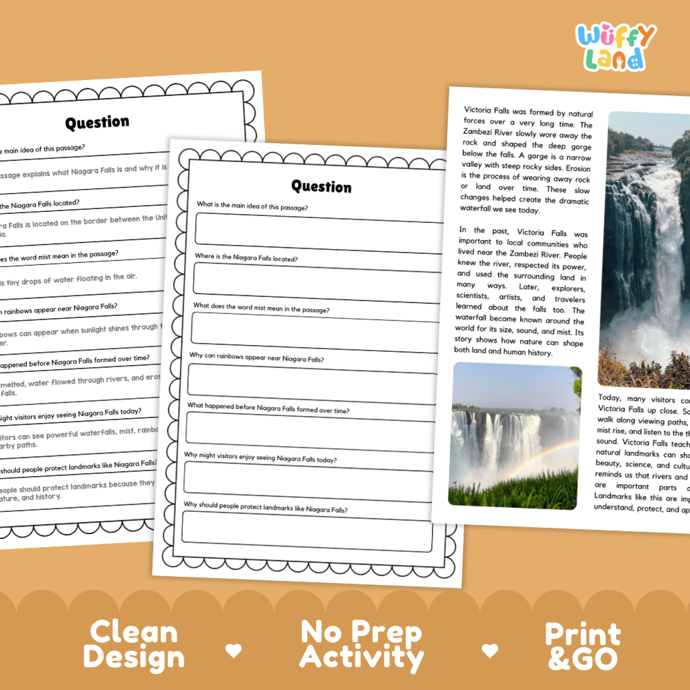 Three printed educational worksheet pages about Niagara Falls are shown on a white background with a decorative beige footer banner. The pages have black text, black question marks, and a scalloped border.
