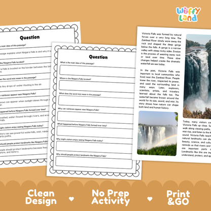 Three printed educational worksheet pages about Niagara Falls are shown on a white background with a decorative beige footer banner. The pages have black text, black question marks, and a scalloped border.
