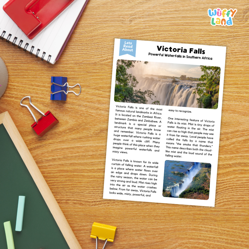 A printed educational worksheet titled 'Victoria Falls' laid on a desk with surrounding school supplies, including a spiral notebook, red and blue binder clips, a green folder, and a yellow highlighter. The sheet includes text, a small blue 'Let's Read About' banner, and two small waterfall photos.