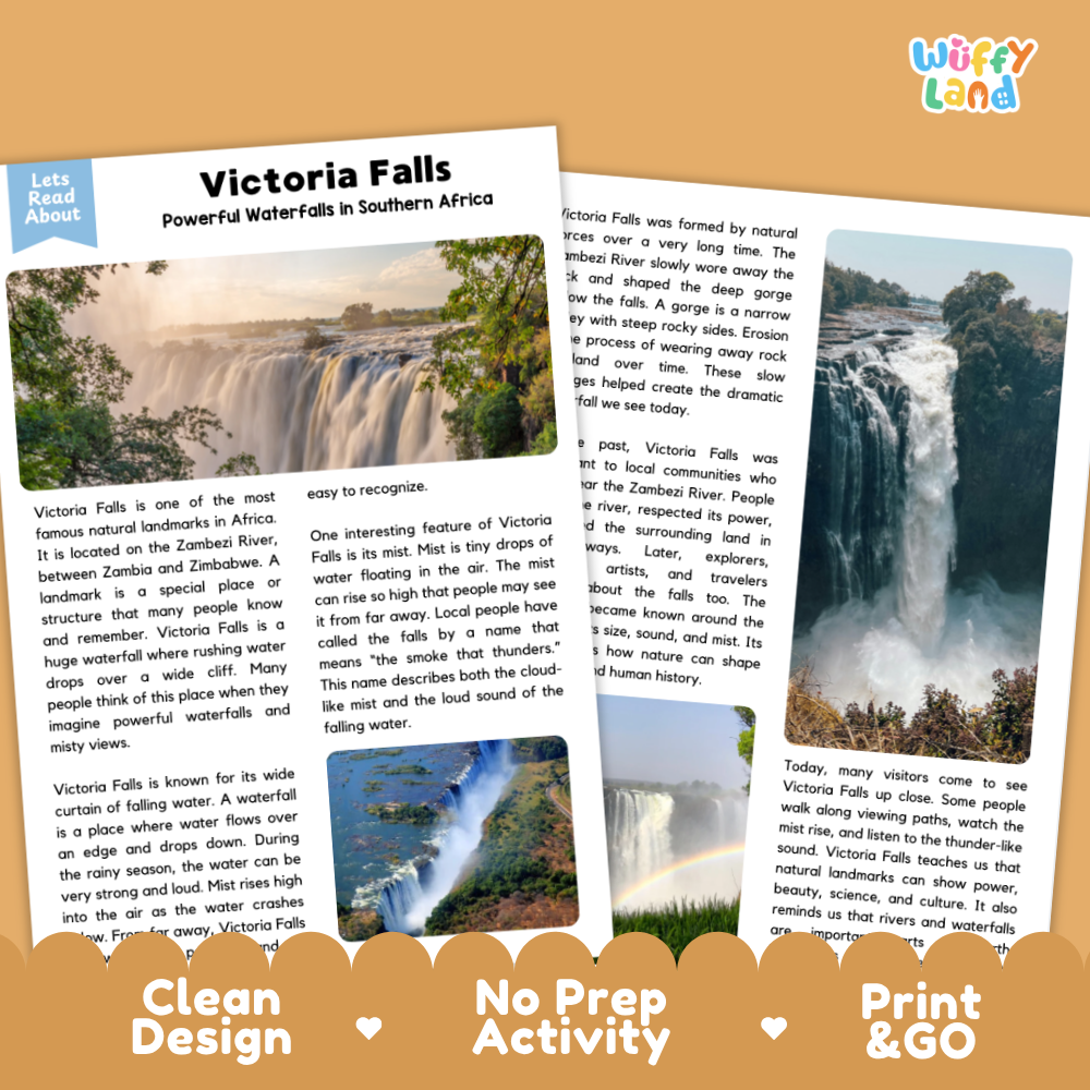 Two overlapping printed activity sheets titled 'Victoria Falls' with text about the waterfall, shown on a light gray background with decorative banners reading 'Clean Design', 'No Prep Activity', and 'Print & GO'.