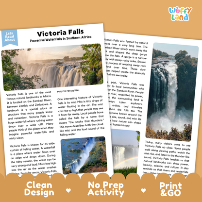 Two overlapping printed activity sheets titled 'Victoria Falls' with text about the waterfall, shown on a light gray background with decorative banners reading 'Clean Design', 'No Prep Activity', and 'Print & GO'.