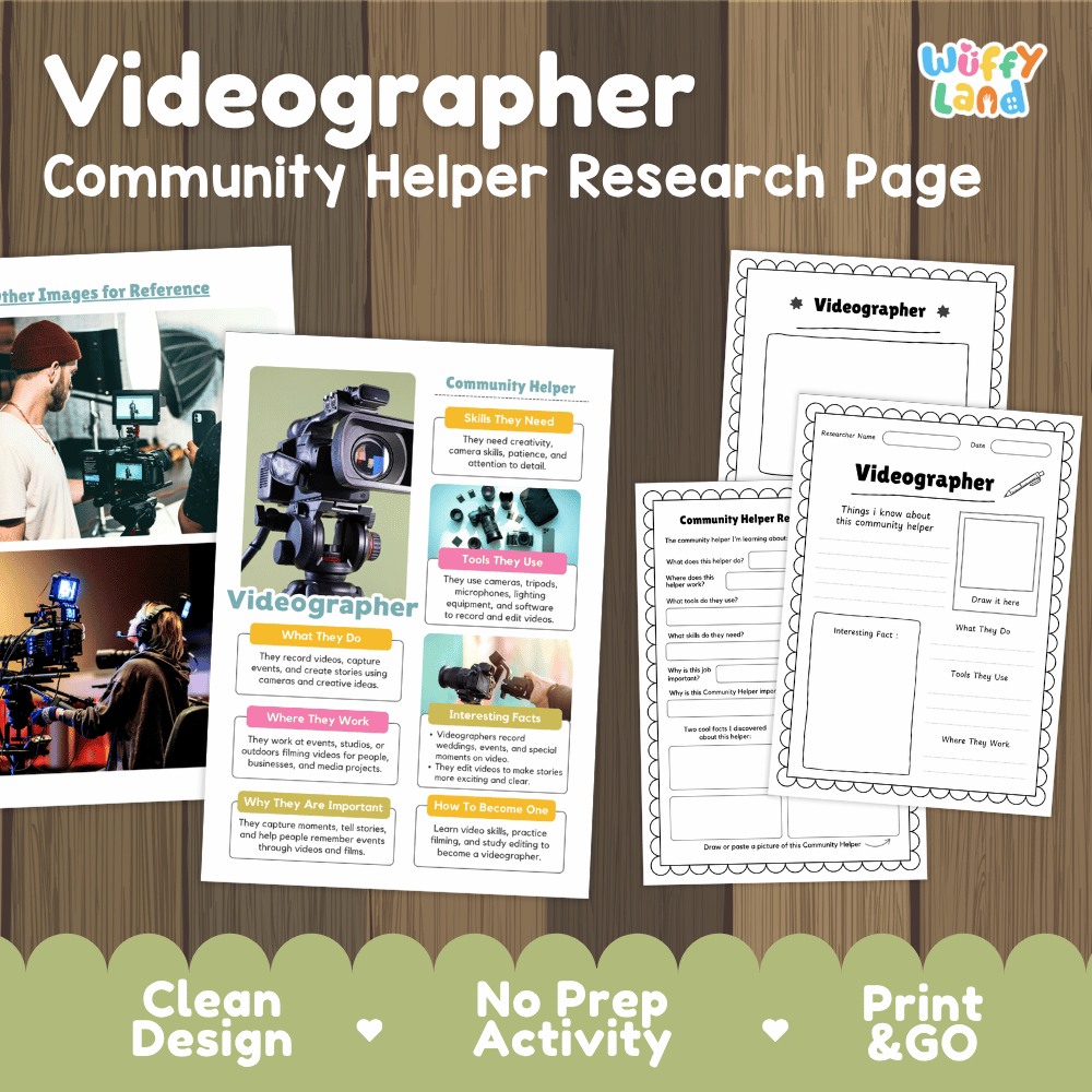 Videographer community helper research page writing worksheets pack featuring real photos and student activity pages for elementary social studies and media arts
