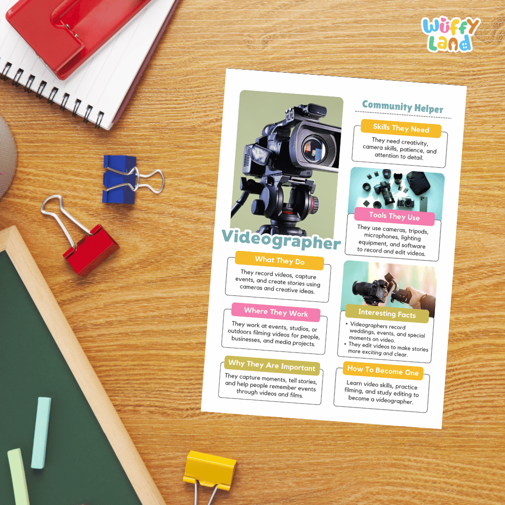 Guided student writing worksheets with lined sections for recording facts and a dedicated box for drawing or pasting a picture of a videographer