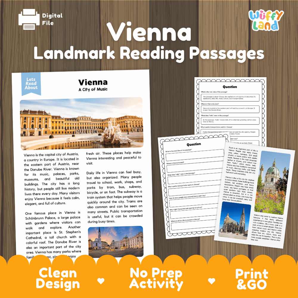 Vienna landmark reading passage and comprehension worksheet educational unit featuring nonfiction text and authentic Austrian Schonbrunn Palace photography