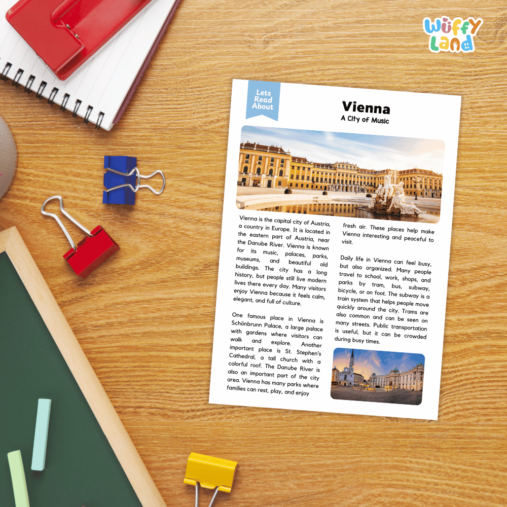 Lined reading comprehension question worksheet covering main ideas vocabulary terms and landmark facts about Vienna Austria