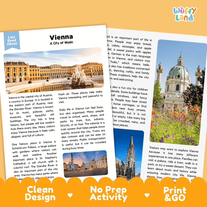 Reference sheet and answer key for Vienna landmark reading passage displaying completed comprehension answers and European geography facts