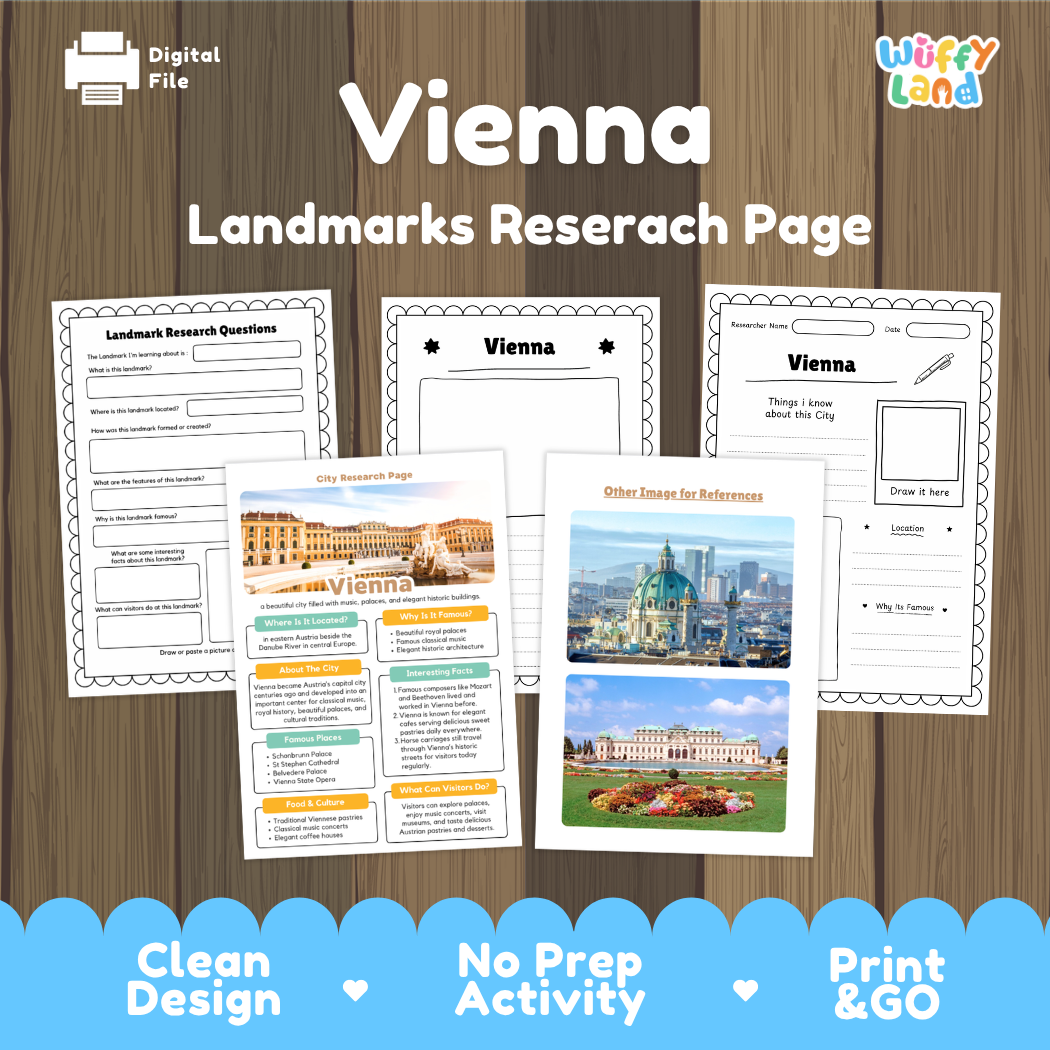 Digital preview of a Vienna landmarks research page activity sheet set on a wood background, with the title 'Vienna Landmarks Researach Page' and the brand 'Wiffy Land' visible. Multiple printable worksheet pages are shown, including a city research page, landmarks fact sheet, and other places for references.