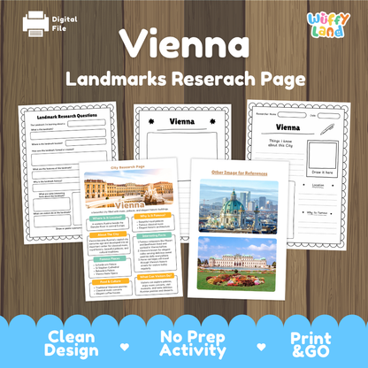 Digital preview of a Vienna landmarks research page activity sheet set on a wood background, with the title 'Vienna Landmarks Researach Page' and the brand 'Wiffy Land' visible. Multiple printable worksheet pages are shown, including a city research page, landmarks fact sheet, and other places for references.