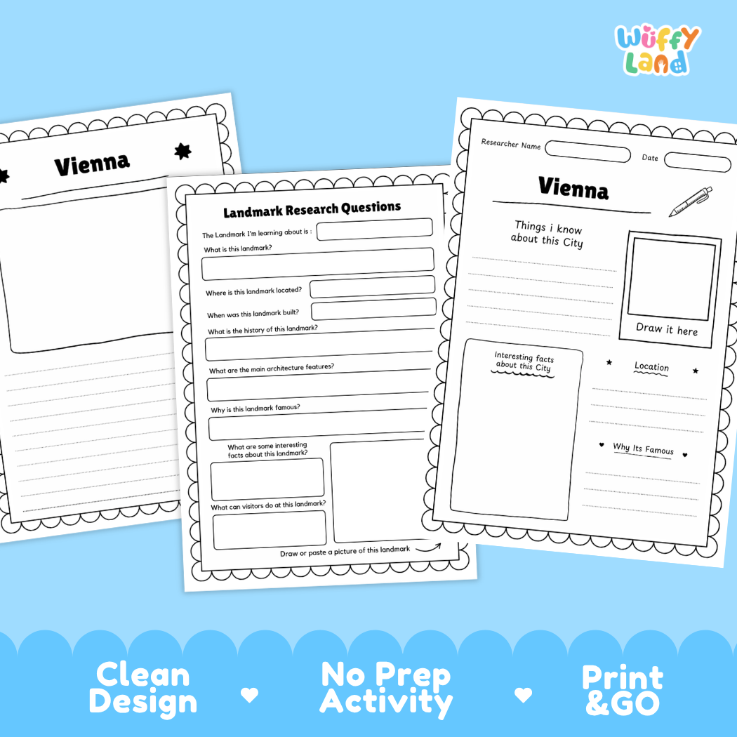 Three printable worksheet pages for Vienna city research displayed on a light blue background, with the Wiffy Land logo in the top right and marketing text along the bottom.