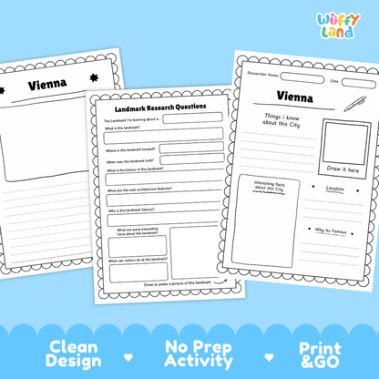 Three printable worksheet pages for Vienna city research displayed on a light blue background, with the Wiffy Land logo in the top right and marketing text along the bottom.
