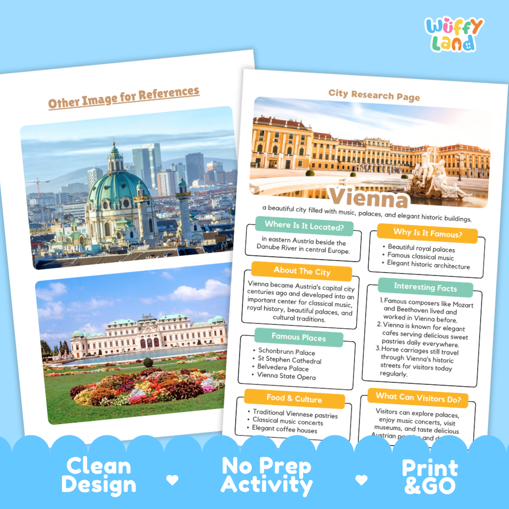 A printed or digital travel reference sheet for Vienna shown on a light gray background. The sheet includes a large cityscape photo of the Vienna Dome, a city research page layout with text boxes, and a smaller inset photo labeled 'Other Image for References.
