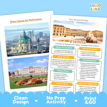 A printed or digital travel reference sheet for Vienna shown on a light gray background. The sheet includes a large cityscape photo of the Vienna Dome, a city research page layout with text boxes, and a smaller inset photo labeled 'Other Image for References.
