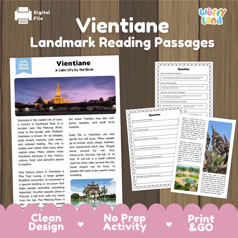 Vientiane landmark reading passage and comprehension worksheet educational unit featuring nonfiction text and authentic Lao golden stupa architecture photography