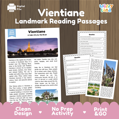 Vientiane landmark reading passage and comprehension worksheet educational unit featuring nonfiction text and authentic Lao golden stupa architecture photography