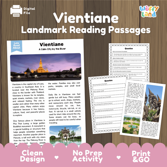 Vientiane landmark reading passage and comprehension worksheet educational unit featuring nonfiction text and authentic Lao golden stupa architecture photography