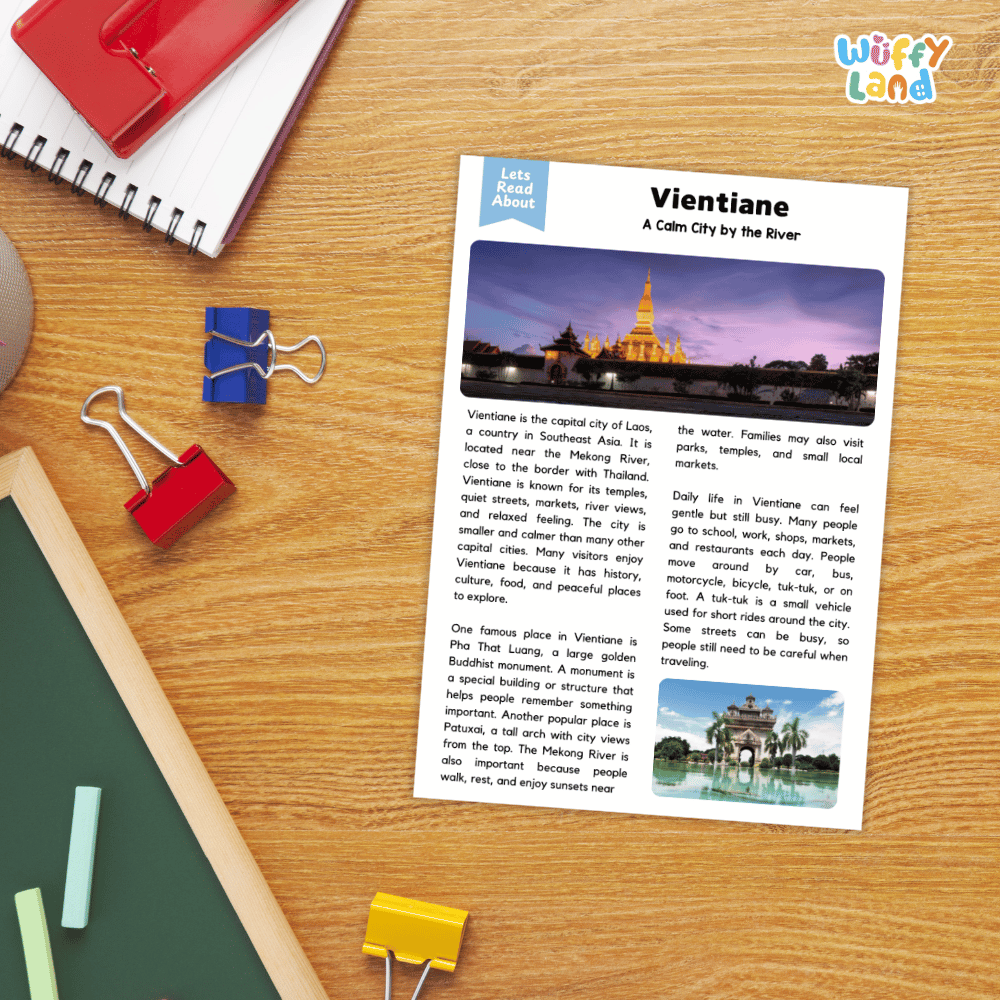 Lined reading comprehension question worksheet covering main ideas vocabulary terms and landmark facts about Vientiane Laos
