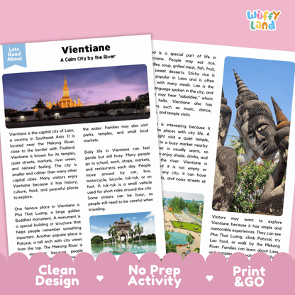 Reference sheet and answer key for Vientiane landmark reading passage displaying completed comprehension answers and Southeast Asian geography facts