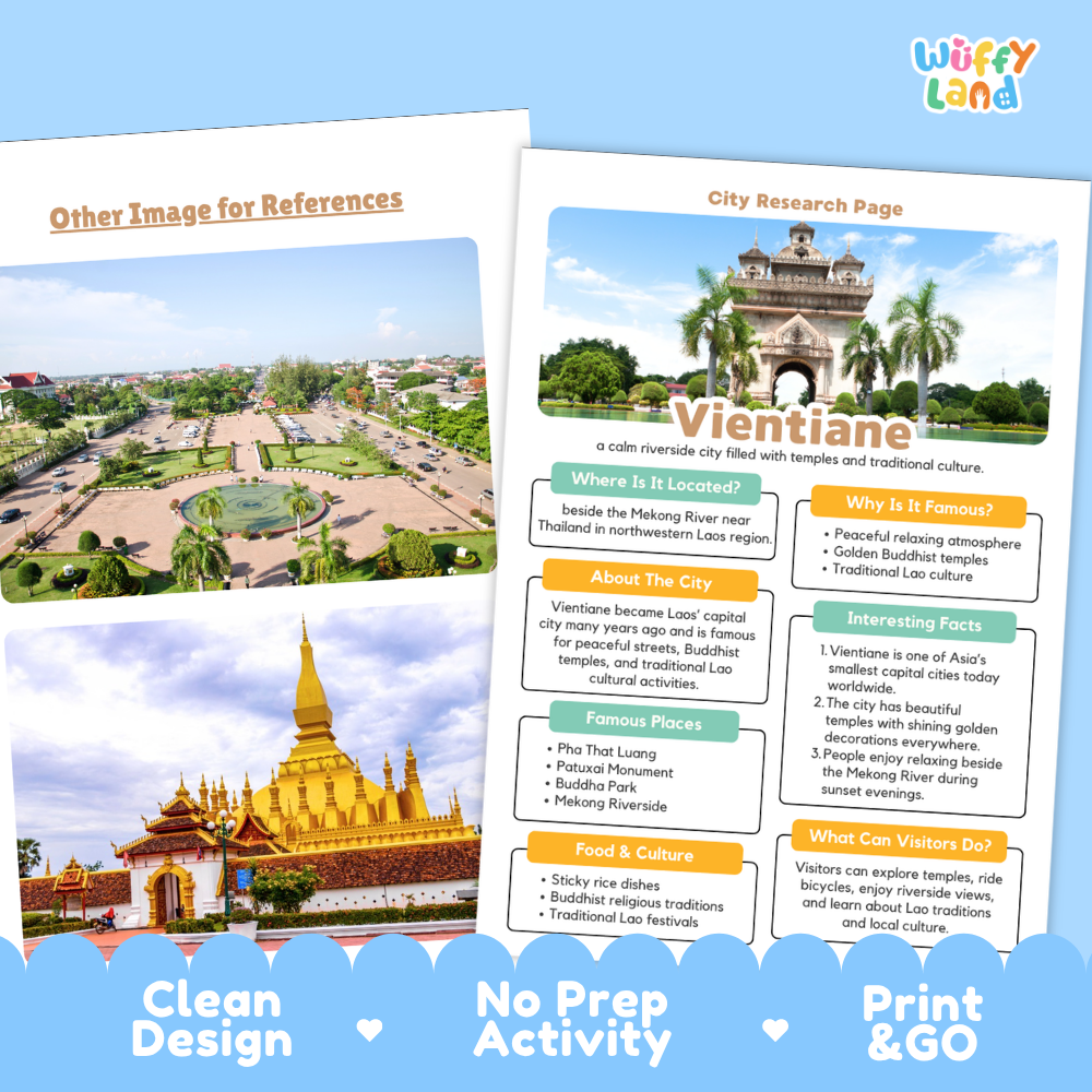 Two printed travel guide sheets for Vientiane, Laos, shown on a white background with promotional text reading 'Other Image for References,' 'Clean Design,' 'No Prep Activity,' and 'Print & Go.' The sheets feature a large cityscape photo, a city research page layout with headings and facts, and a golden temple scene.