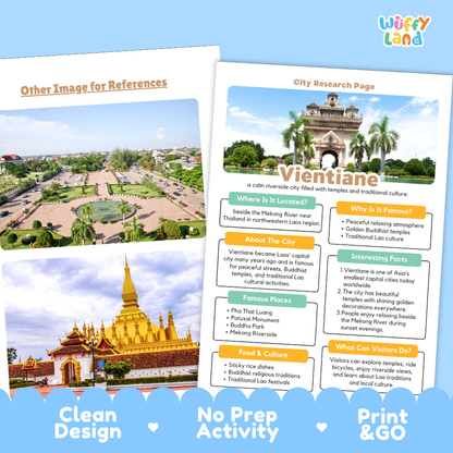 Two printed travel guide sheets for Vientiane, Laos, shown on a white background with promotional text reading 'Other Image for References,' 'Clean Design,' 'No Prep Activity,' and 'Print & Go.' The sheets feature a large cityscape photo, a city research page layout with headings and facts, and a golden temple scene.