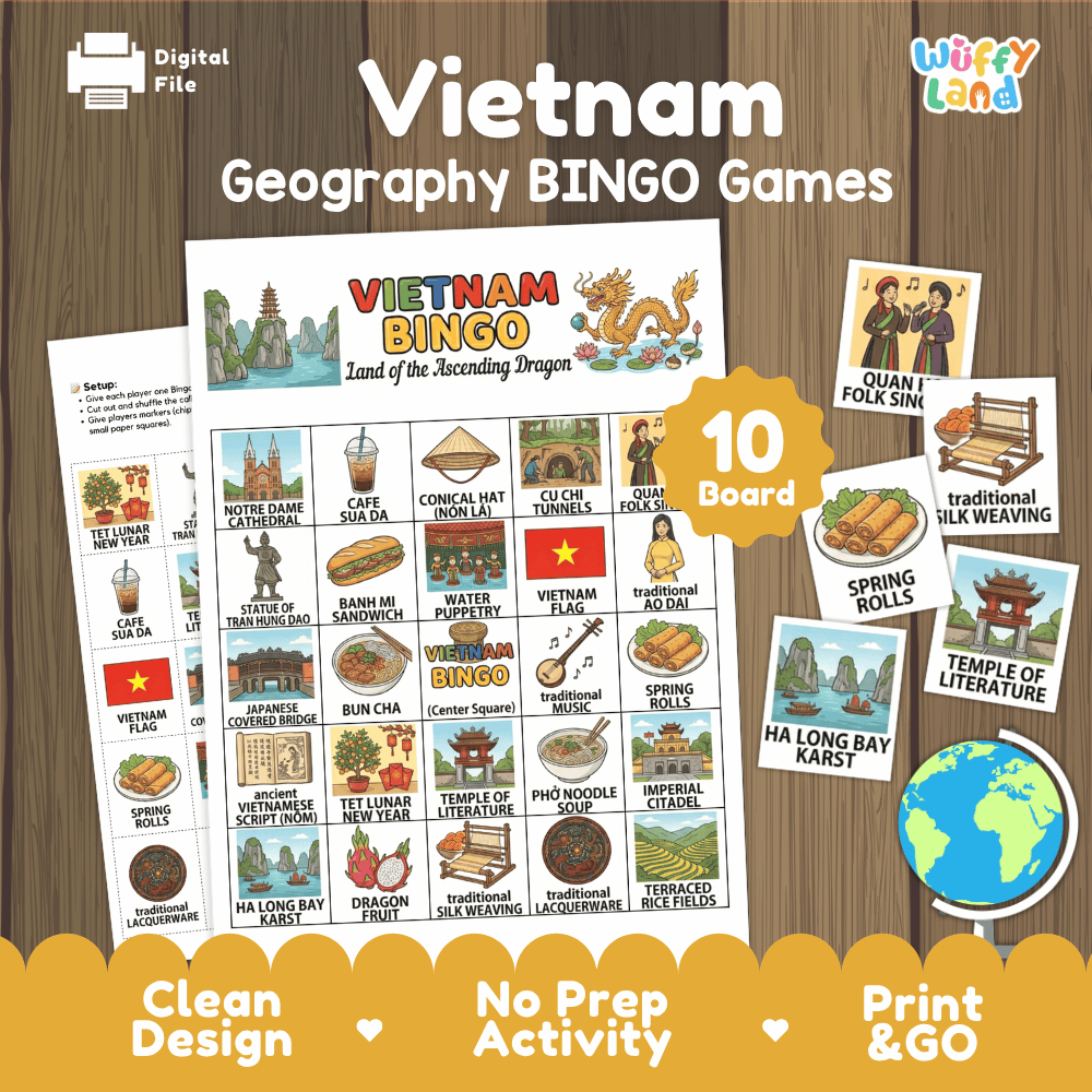 Classroom educational Bingo game cards featuring Ha Long Bay karst, Spring Rolls, Temple of Literature, and Quan Ho folk singers 🎲🍜