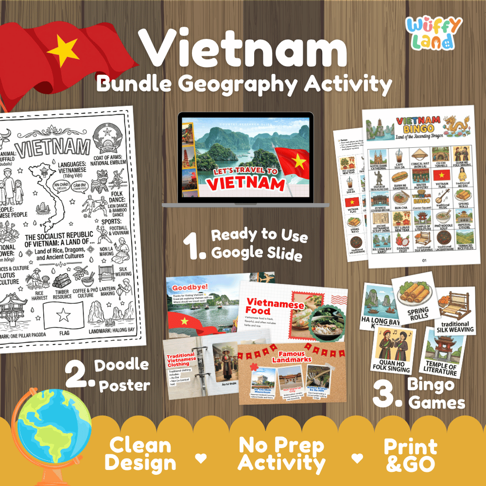 Complete Vietnam geography activity bundle featuring Google Slides, doodle coloring poster, and classroom bingo games 🇻🇳🎒