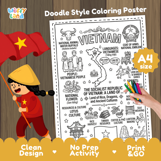 Vietnam country study doodle style coloring poster printable page featuring map, Ha Long Bay, and cultural symbols