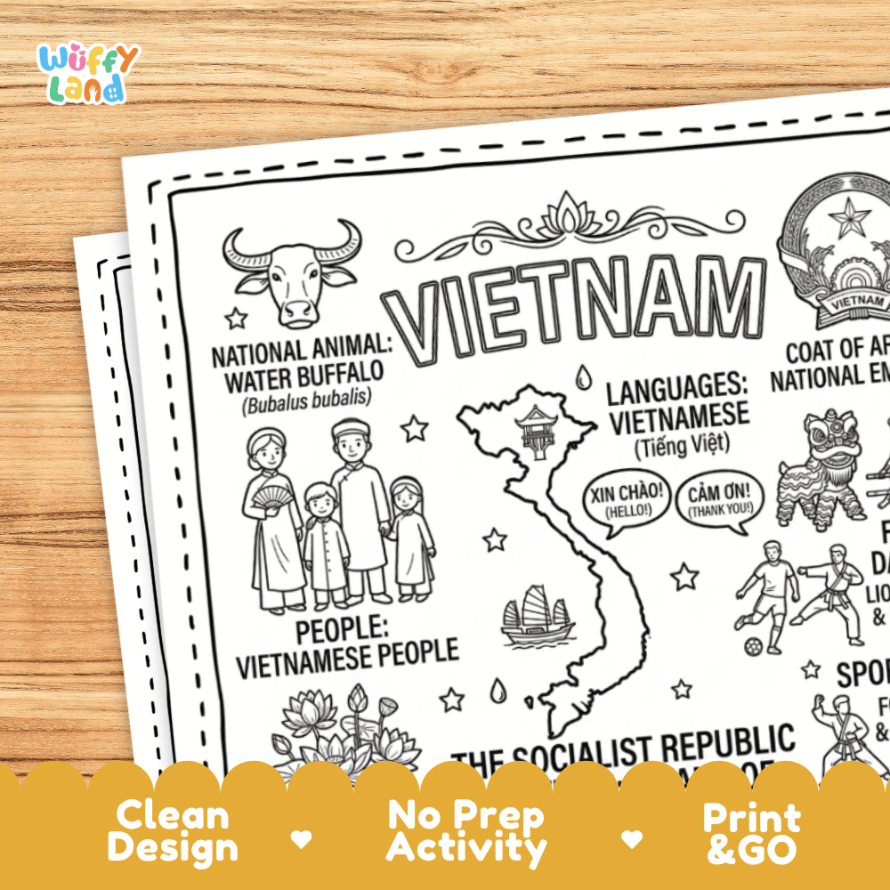 Cultural coloring page featuring traditional Vietnamese Ao Dai dress, Non La making, Pho and coffee, lantern making, and Xin Chao greeting