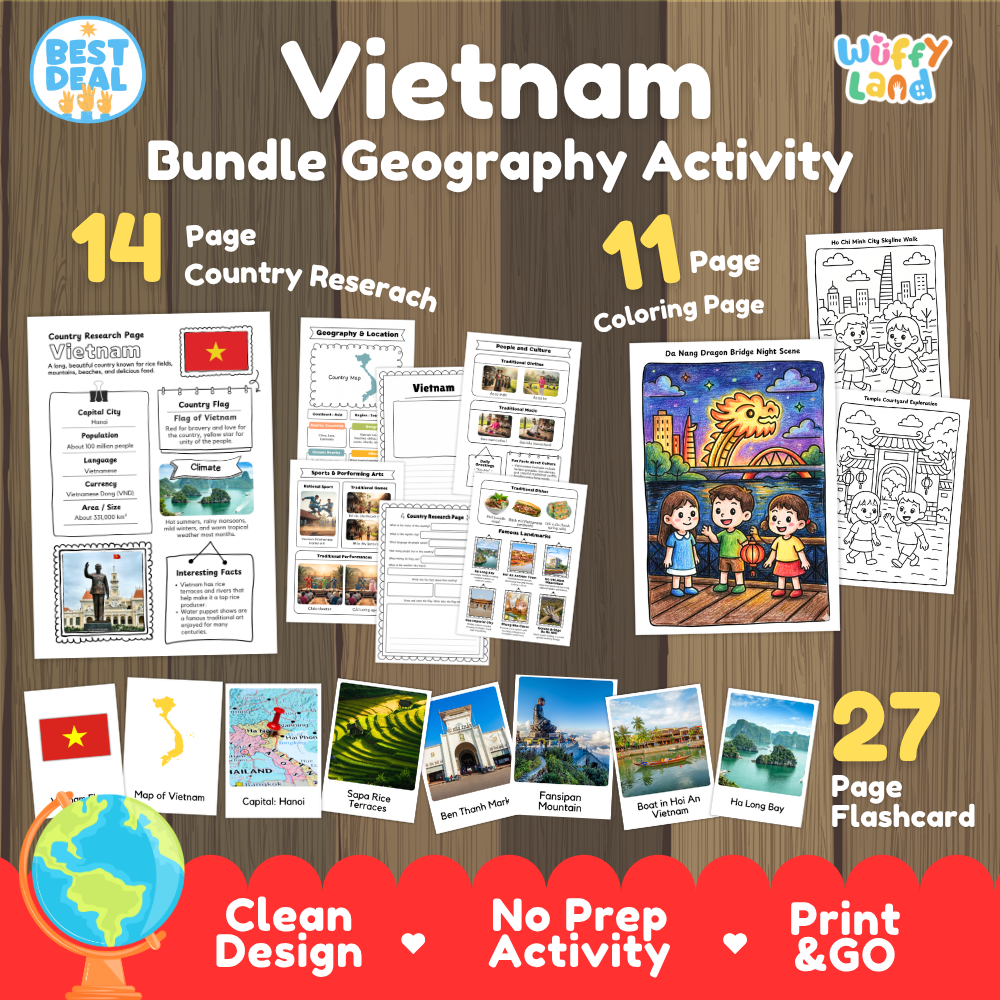 Vietnam geography activity bundle cover showing 14 country research pages, 11 coloring pages, and 27 photo flashcards
