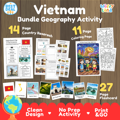 Vietnam geography activity bundle cover showing 14 country research pages, 11 coloring pages, and 27 photo flashcards