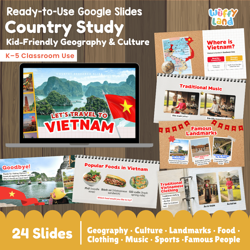 Interactive Google Slides deck displaying famous Vietnamese landmarks like Ha Long Bay, Hue Imperial City, and popular Vietnamese cuisine 💻🌿