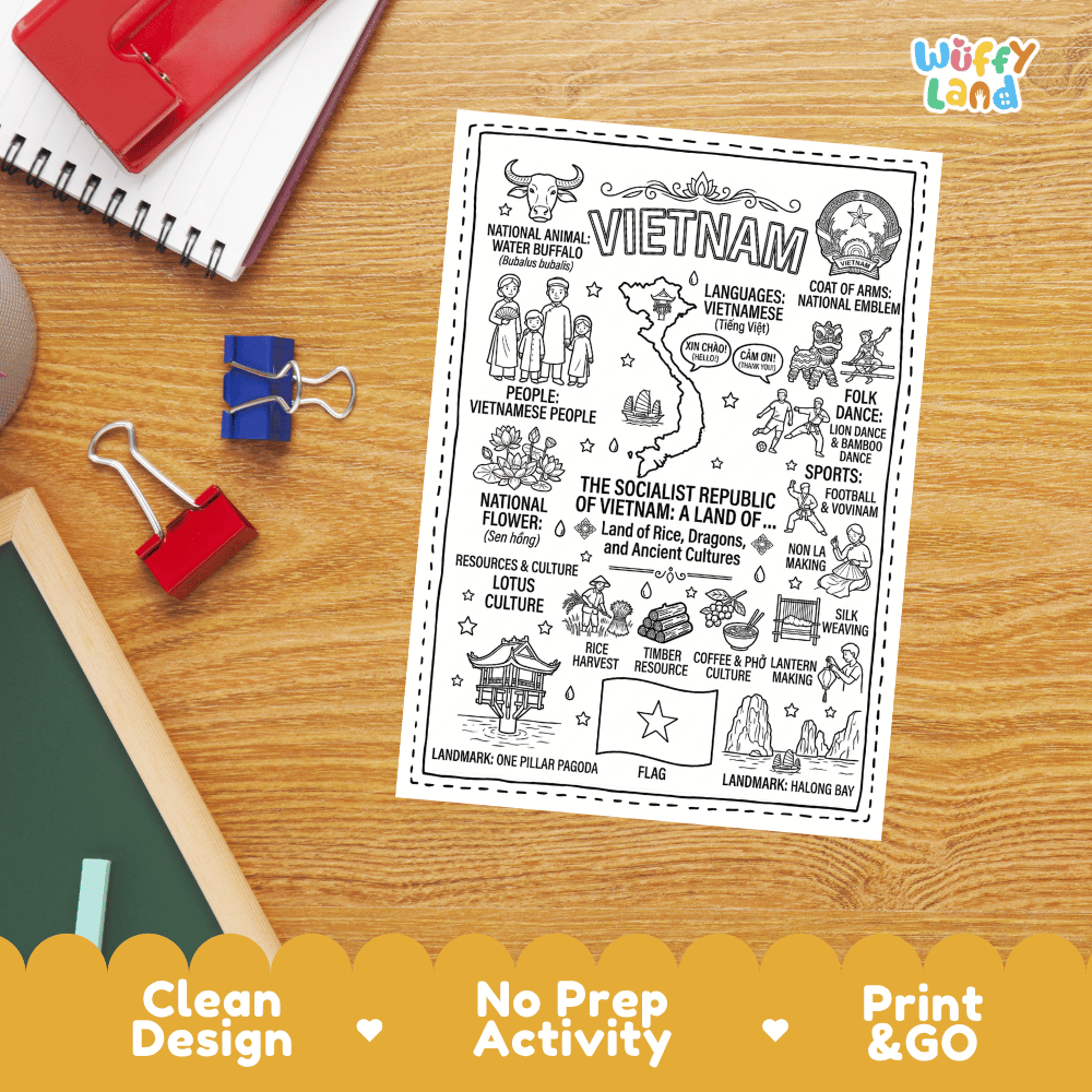 Doodle map coloring sheet showing Vietnam S-curve map, Ha Long Bay karsts, junk boats, and One Pillar Pagoda