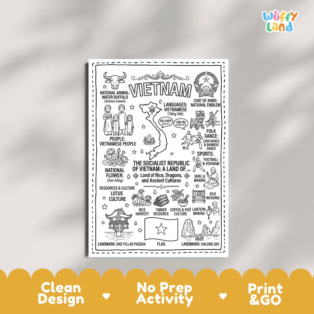 Educational activity coloring page highlighting Vietnam Water Buffalo Bubalus bubalis, Pink Lotus flower Sen hong, and star flag