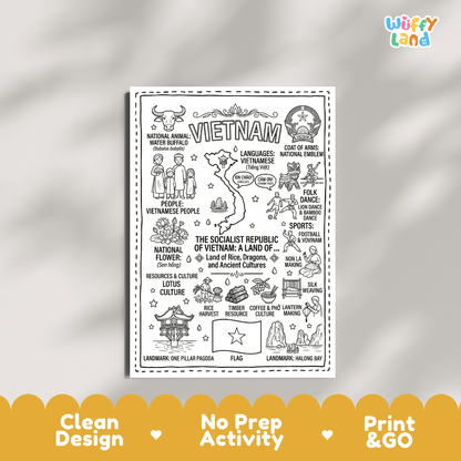 Educational activity coloring page highlighting Vietnam Water Buffalo Bubalus bubalis, Pink Lotus flower Sen hong, and star flag
