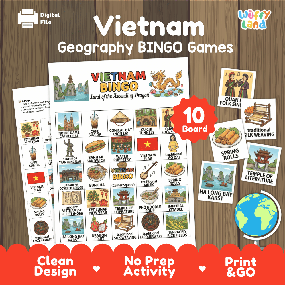Vietnam Geography BINGO Game Southeast Asian Country Study Activity Printable Boards