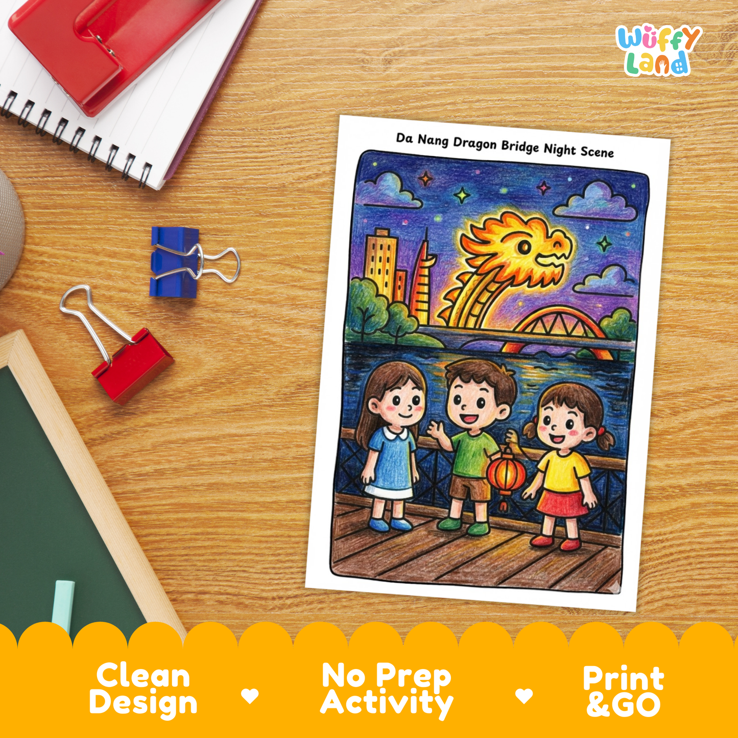 Printable Vietnam geography coloring pages featuring kid-friendly illustrations of cultural landmarks and city scenes, including a Ho Chi Minh City skyline walk, a colorful Da Nang Dragon Bridge night scene, and a traditional temple courtyard, designed for elementary country study and geography activities.