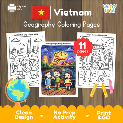 Printable Vietnam geography coloring pages featuring kid-friendly illustrations of cultural landmarks and city scenes, including a Ho Chi Minh City skyline walk, a colorful Da Nang Dragon Bridge night scene, and a traditional temple courtyard, designed for elementary country study and geography activities.