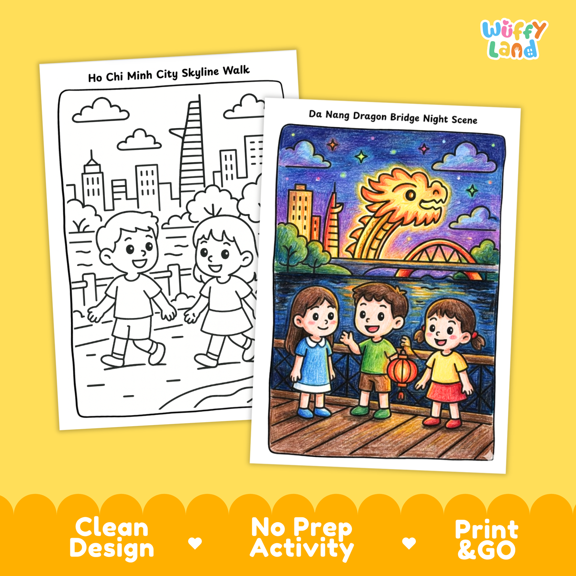 Printable Vietnam geography coloring pages featuring kid-friendly illustrations of cultural landmarks and city scenes, including a Ho Chi Minh City skyline walk, a colorful Da Nang Dragon Bridge night scene, and a traditional temple courtyard, designed for elementary country study and geography activities.