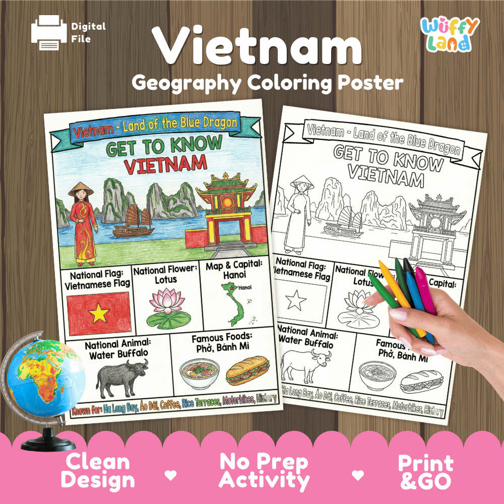 Vietnam Geography Coloring Poster and Fact Sheet Printables